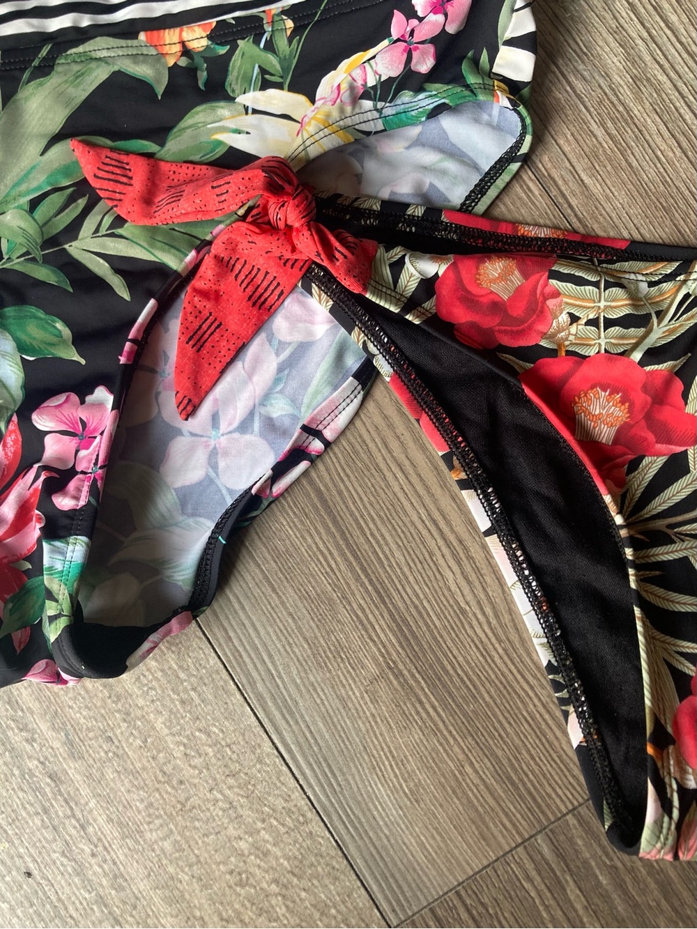 Sky Floral Black & Red Tie-Side Bikini Bottoms